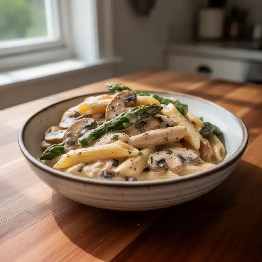Creamy mushroom asparagus chicken penne served in a white bowl