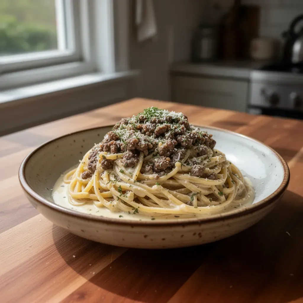 Creamy Parmesan Beef Linguine with Garlic Butter Sauce in a bowl