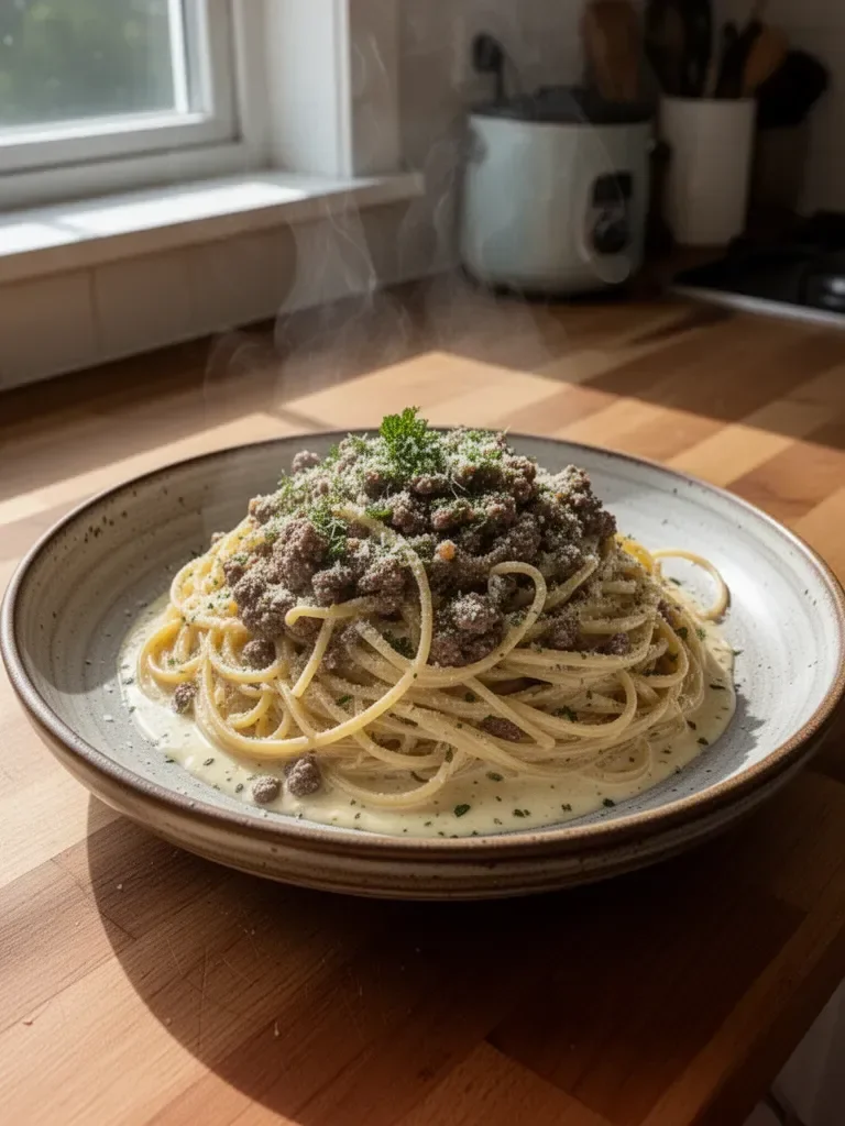 Creamy Parmesan Beef Linguine with Garlic Butter Sauce