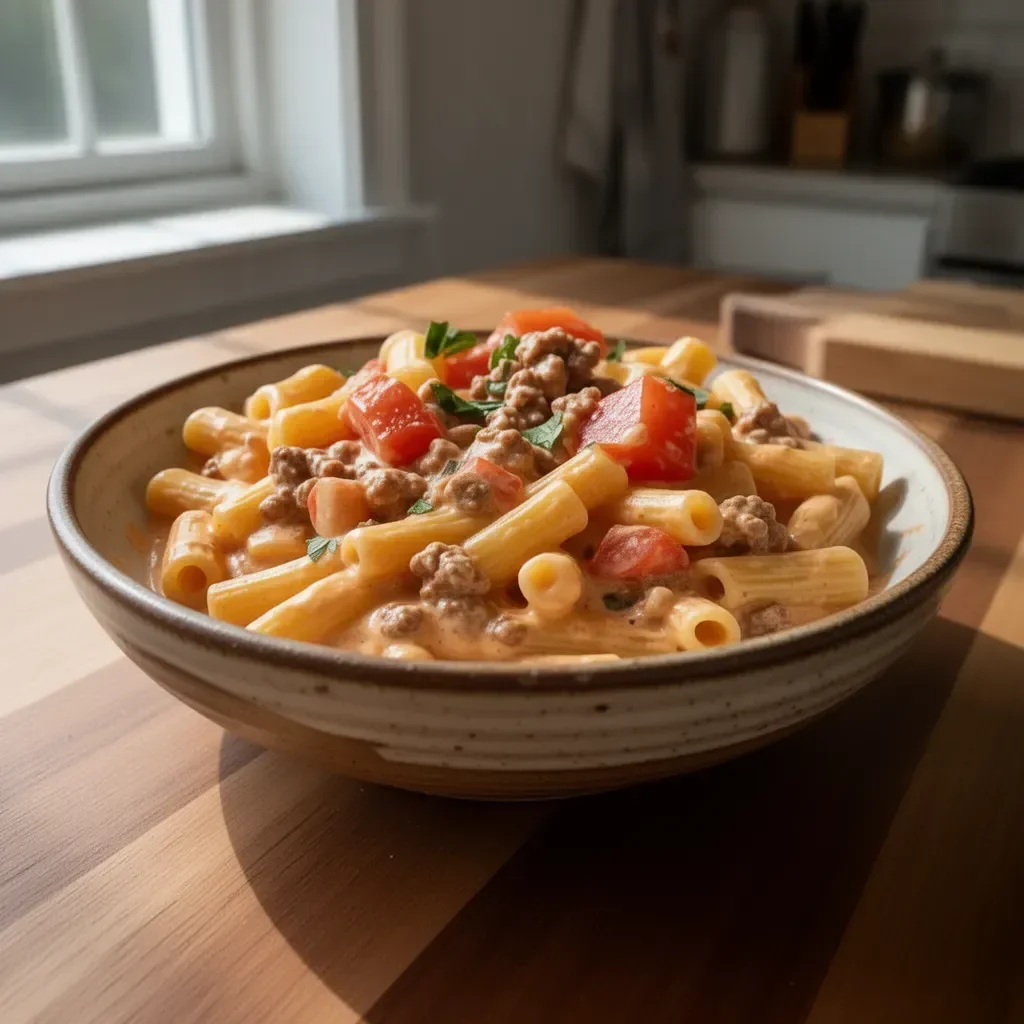 Creamy Rotel Pasta dish with cheese and tomatoes