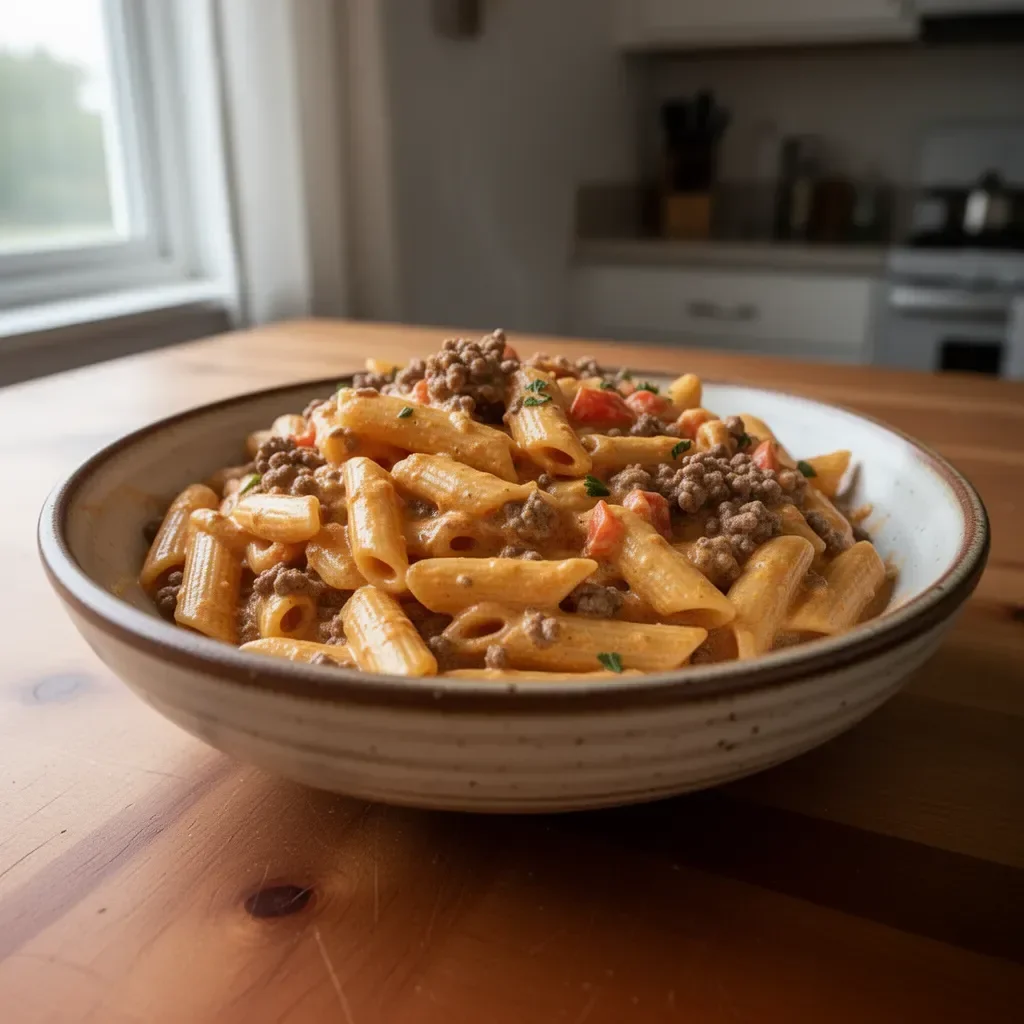 Creamy Rotel pasta with ground beef in a bowl garnished with fresh herbs