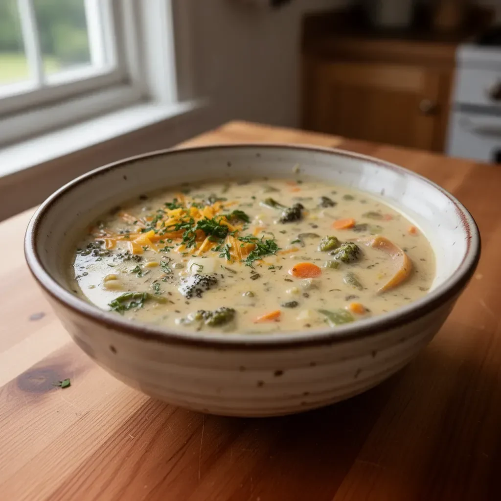 Bowl of creamy vegetable soup with fresh vegetables and herbs