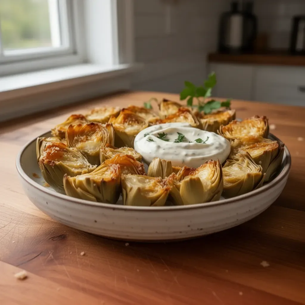 Crispy baked artichoke hearts served with garlic aioli on a plate