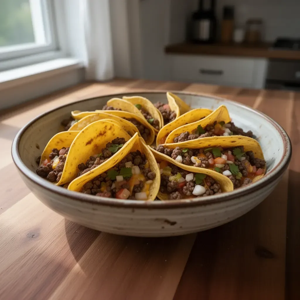 Delicious crispy ground beef tacos served with fresh toppings