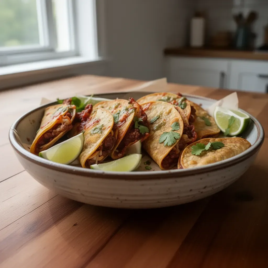 Crispy oven baked tacos served on a plate with toppings