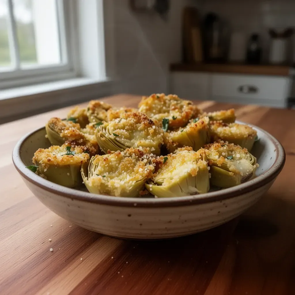 Bowl of crispy Parmesan artichoke hearts on a wooden table