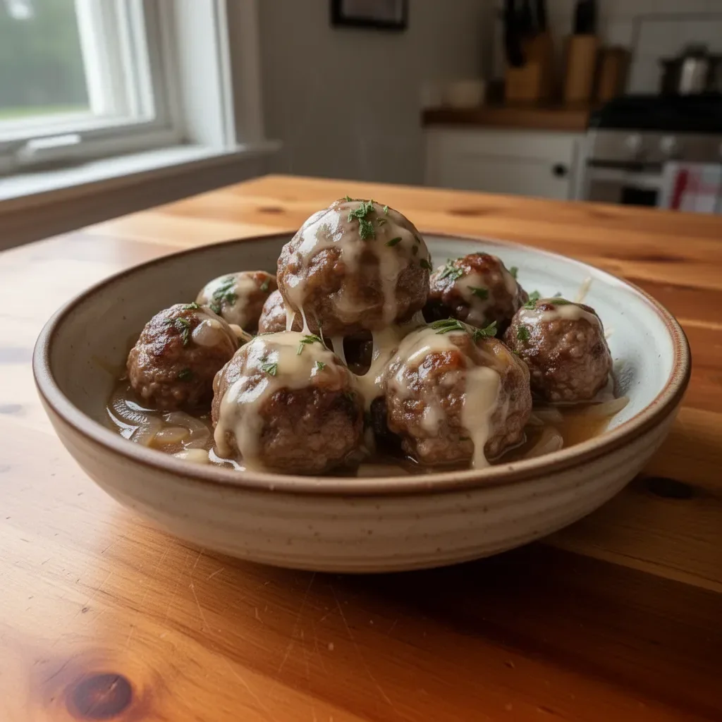 Crock Pot French onion meatballs served with melted cheese and herbs