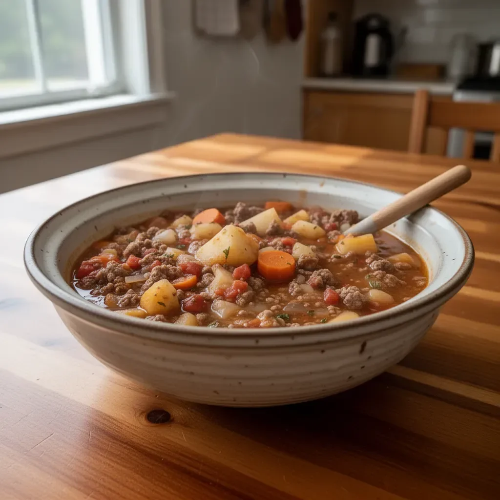 A bowl of Crock Pot Poor Man's Stew filled with vegetables and meat.