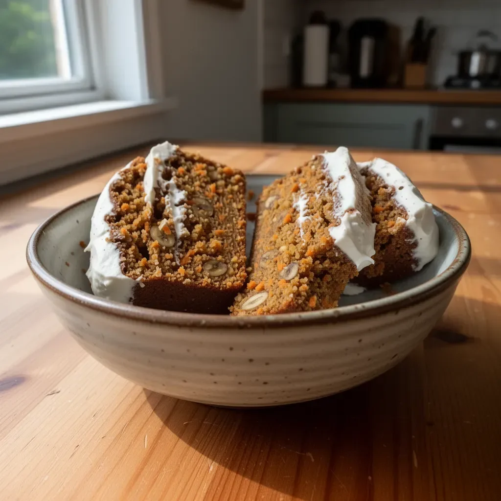 Dairy Free Carrot Cake Banana Bread served on a wooden board with slices cut.