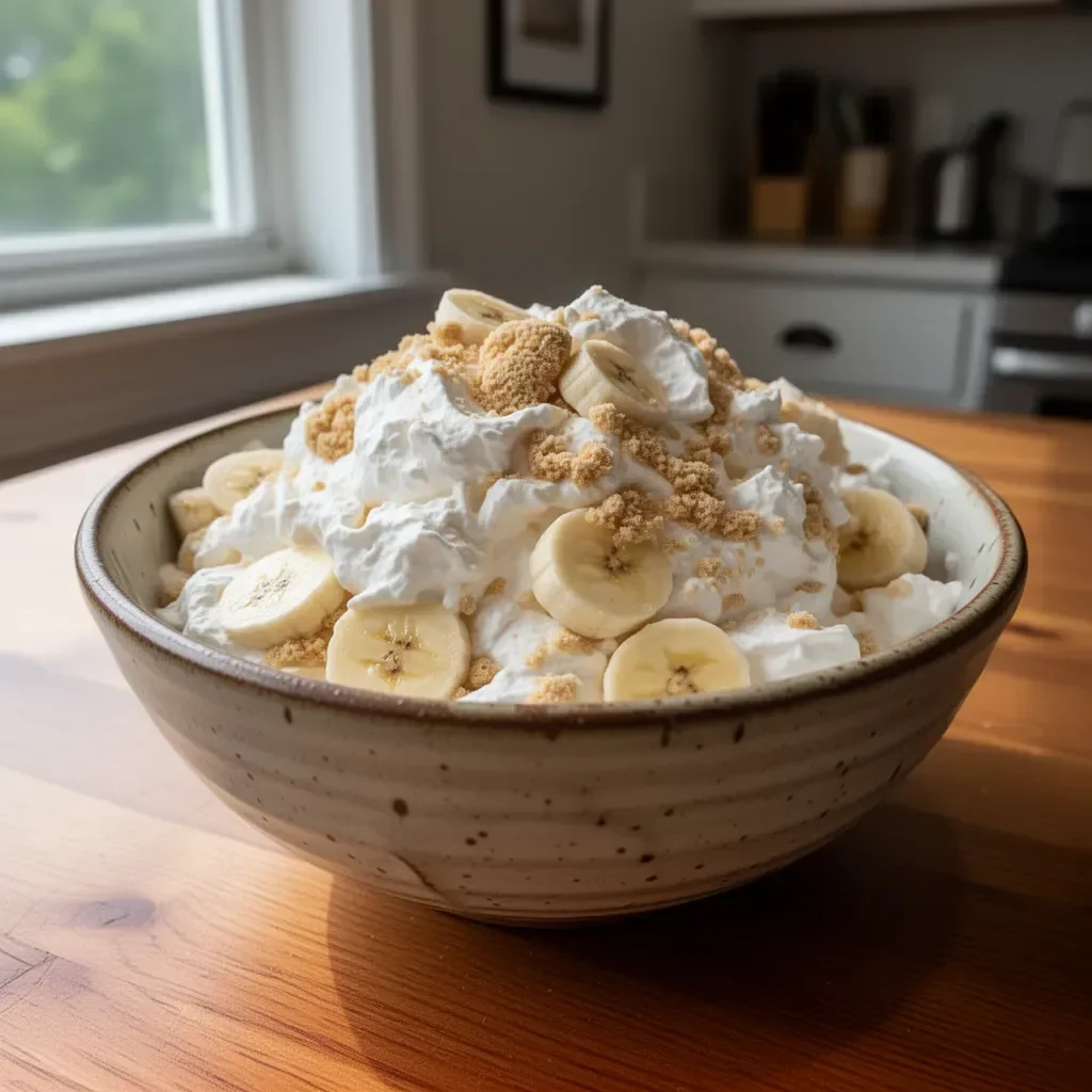 Bowl of easy banana pudding fluff salad topped with whipped cream and bananas