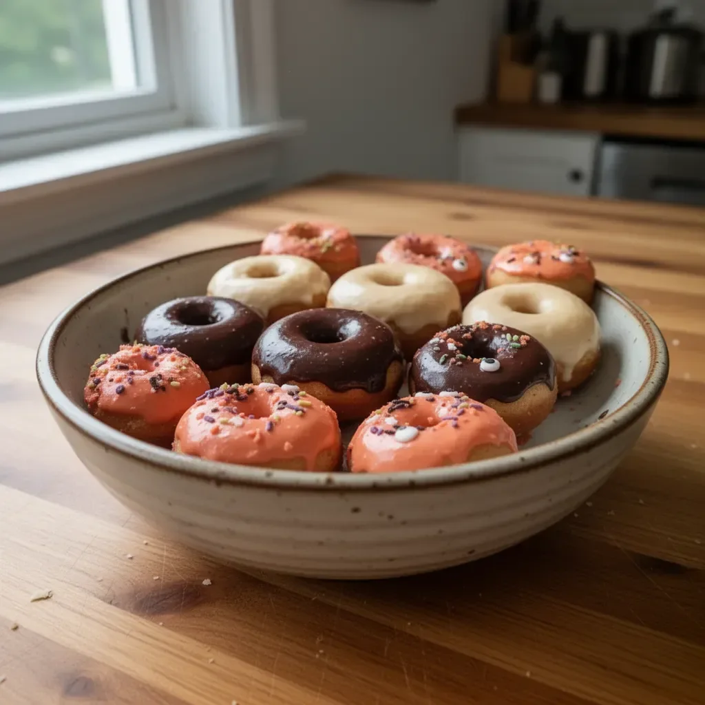 Delicious homemade cake mix donuts with colorful frosting.