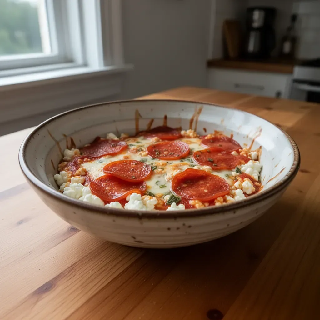 High protein cottage cheese pizza bowl with fresh toppings