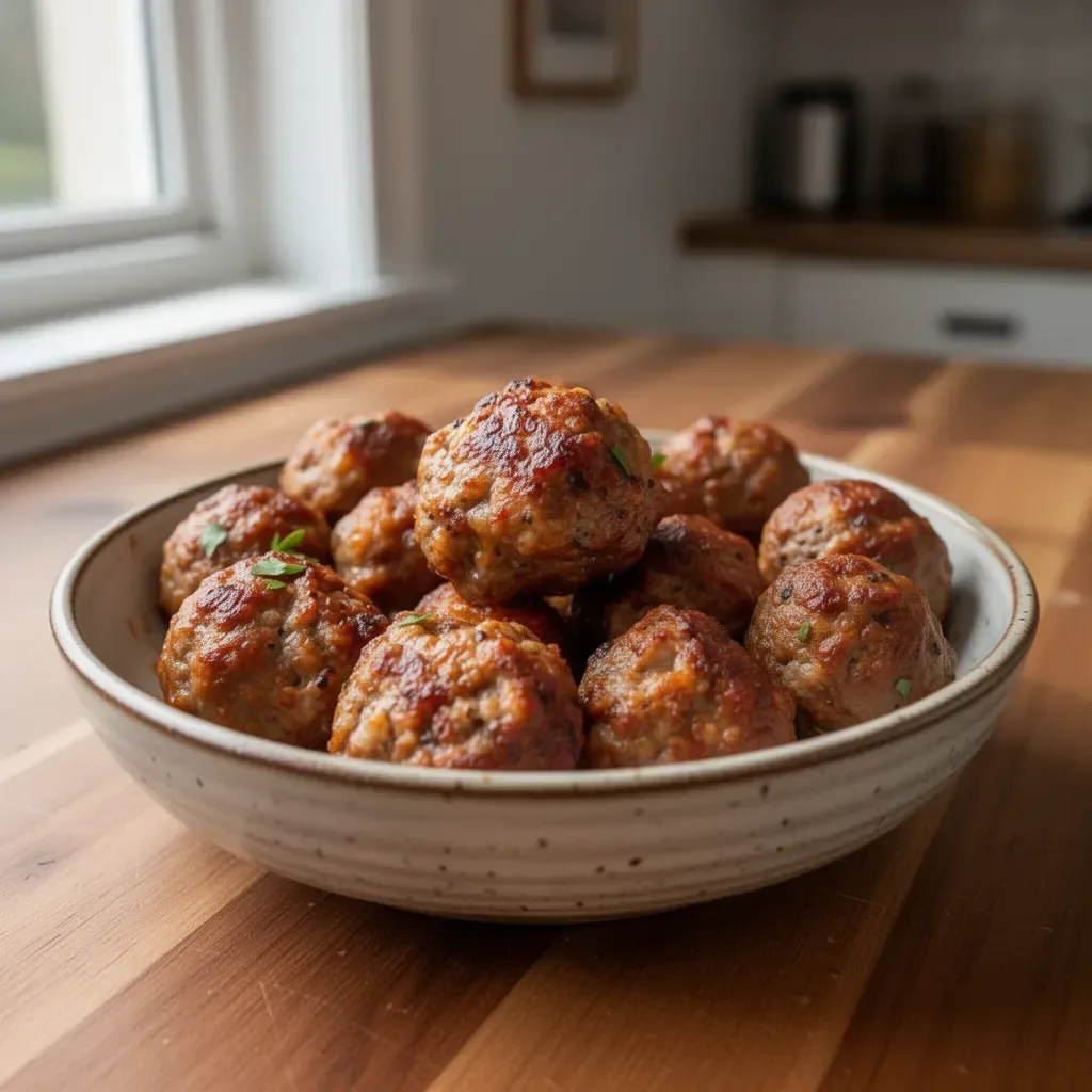Plate of homemade easy meatballs recipe garnished with herbs