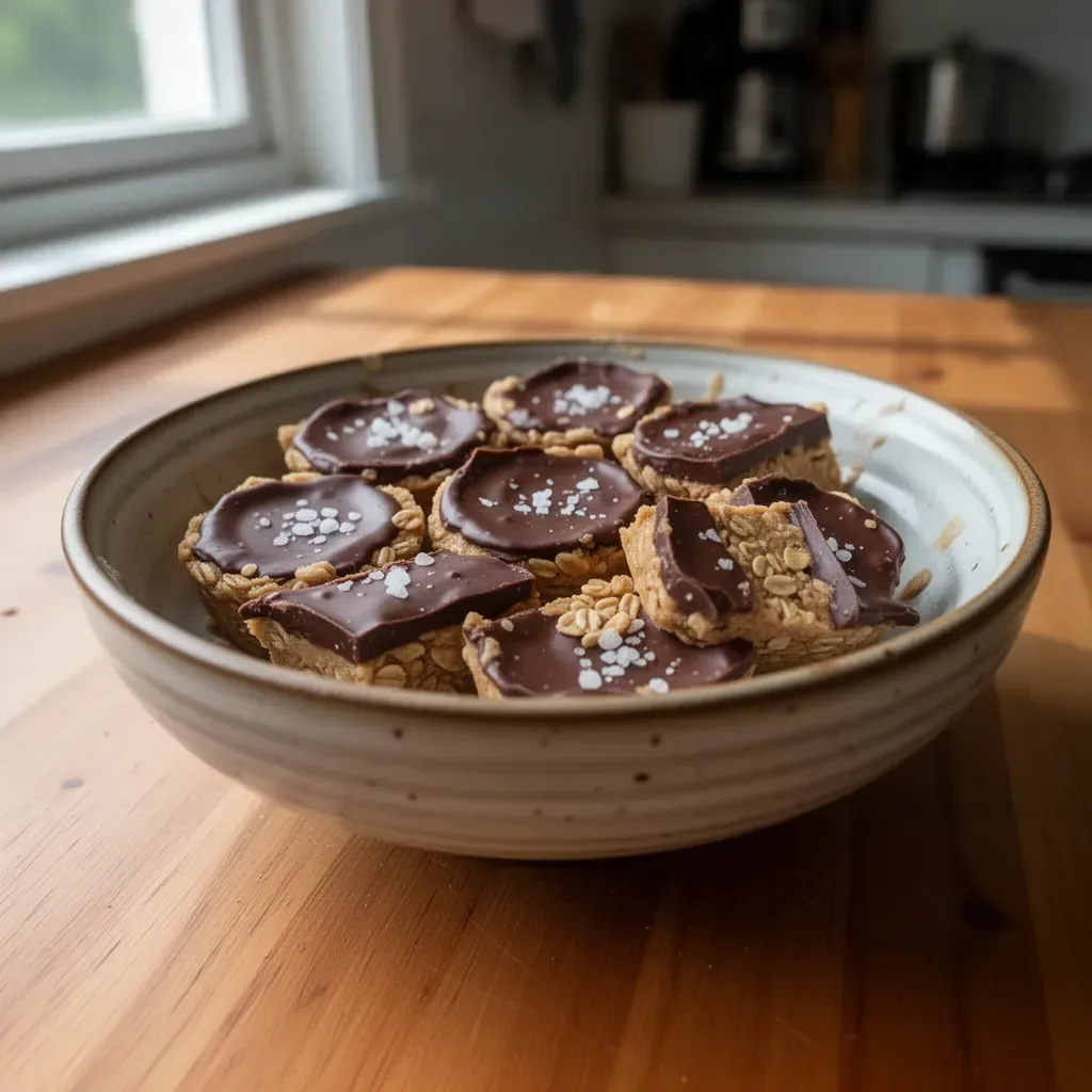 Easy no bake peanut butter oat cups on a plate garnished with oats.