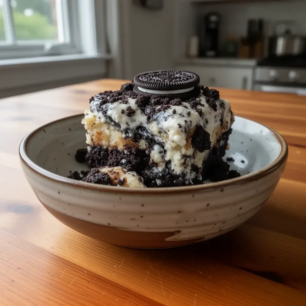 Delicious easy Oreo Dump Cake dessert ready to serve on a plate
