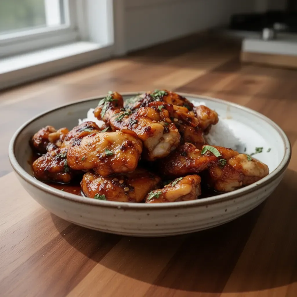 Delicious soy garlic chicken thighs on a serving plate