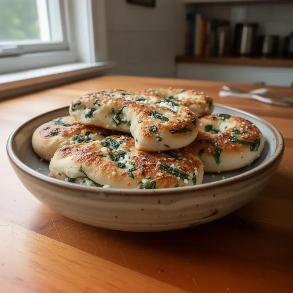 Homemade spinach bagels with cottage cheese, perfect for a healthy meal.