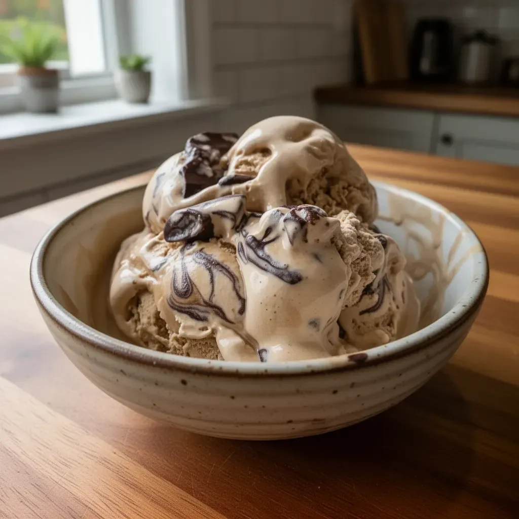 Delicious espresso ice cream with dark chocolate swirls in a bowl