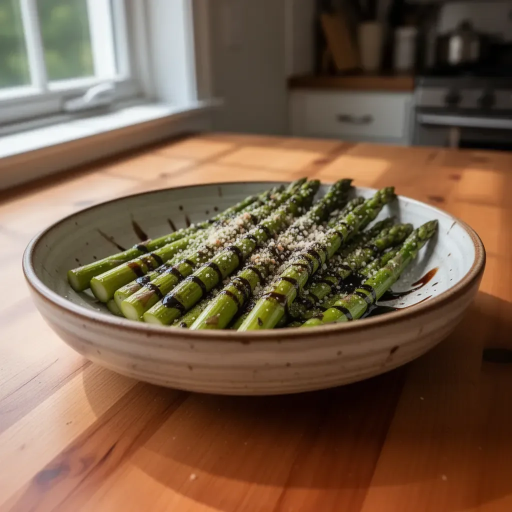 Delicious balsamic-glazed asparagus on a rustic wooden table