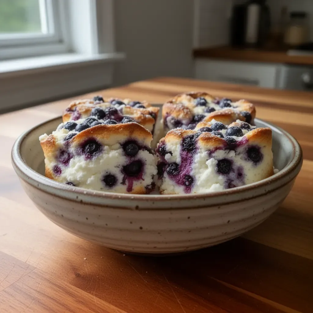 Fluffy cottage cheese blueberry cloud bread served on a plate.