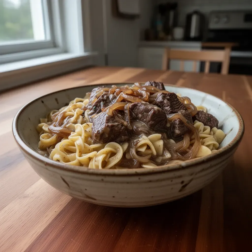 Bowl of French onion beef and noodles topped with melted cheese and fresh herbs