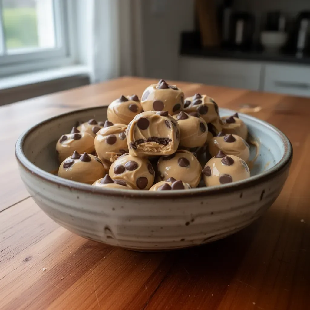 Frozen Greek yogurt peanut butter bites on a plate, delicious and healthy treat.
