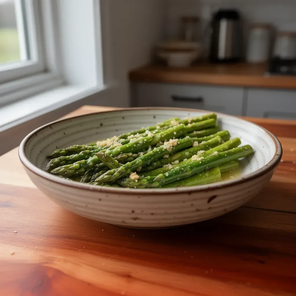 Plate of garlic butter asparagus garnished with herbs