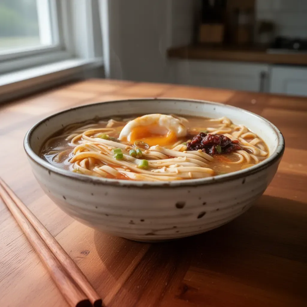 Bowl of Garlic Miso Noodle Soup garnished with fresh herbs and garlic