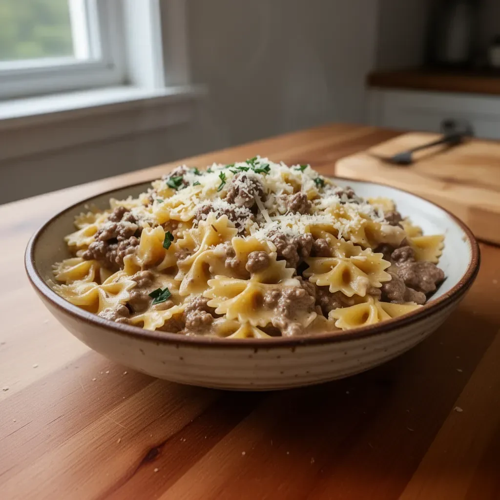 Delicious Garlic Parmesan Bowtie Pasta with Creamy Beef served in a bowl