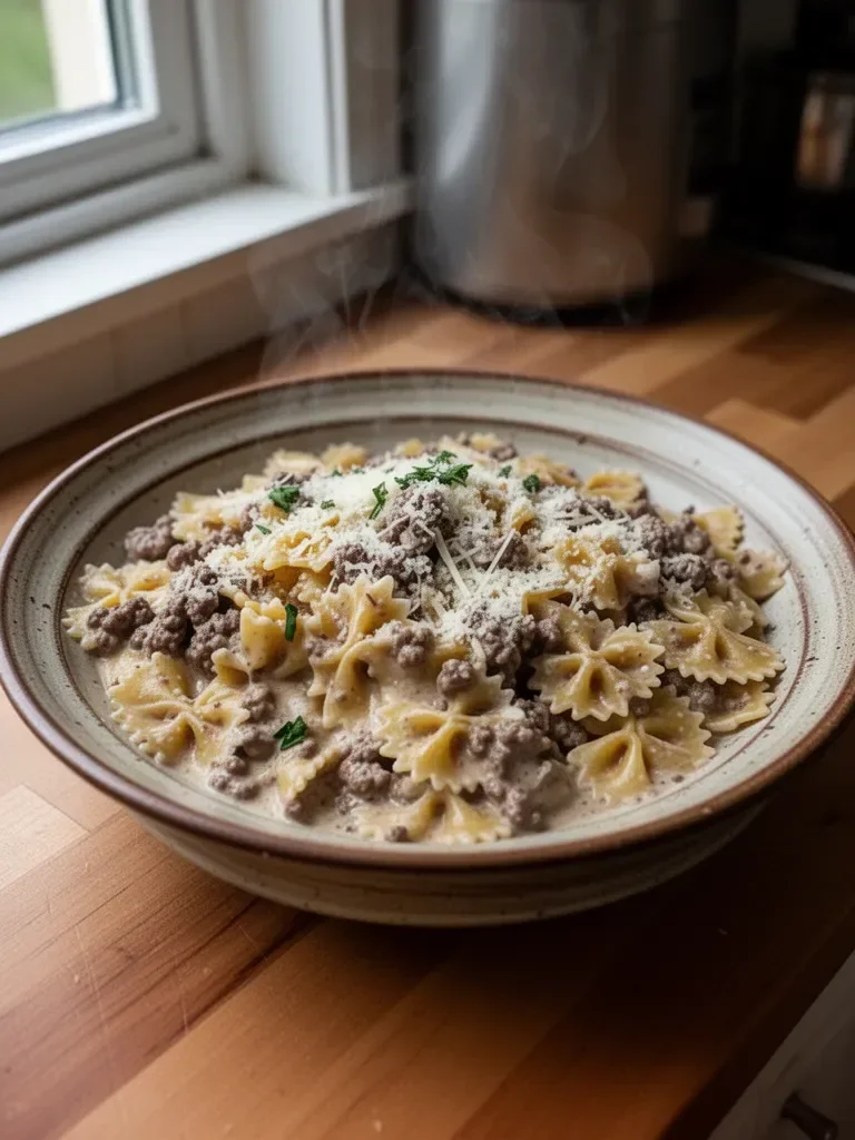 Garlic Parmesan Bowtie Pasta with Creamy Beef