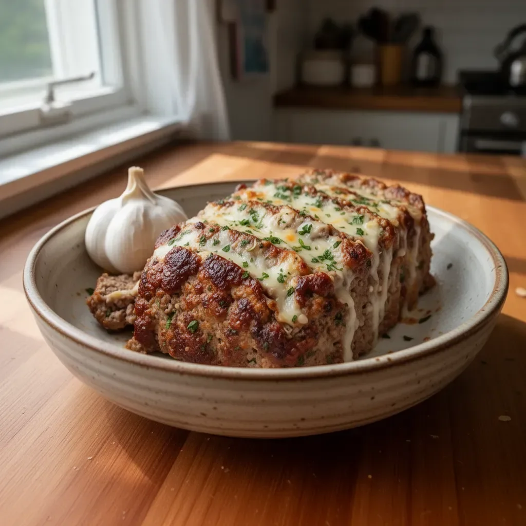 Delicious Garlic Parmesan Meatloaf served on a plate with herbs.