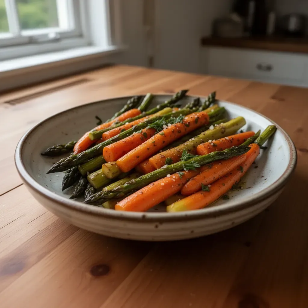 Garlic roasted asparagus and carrots served on a plate