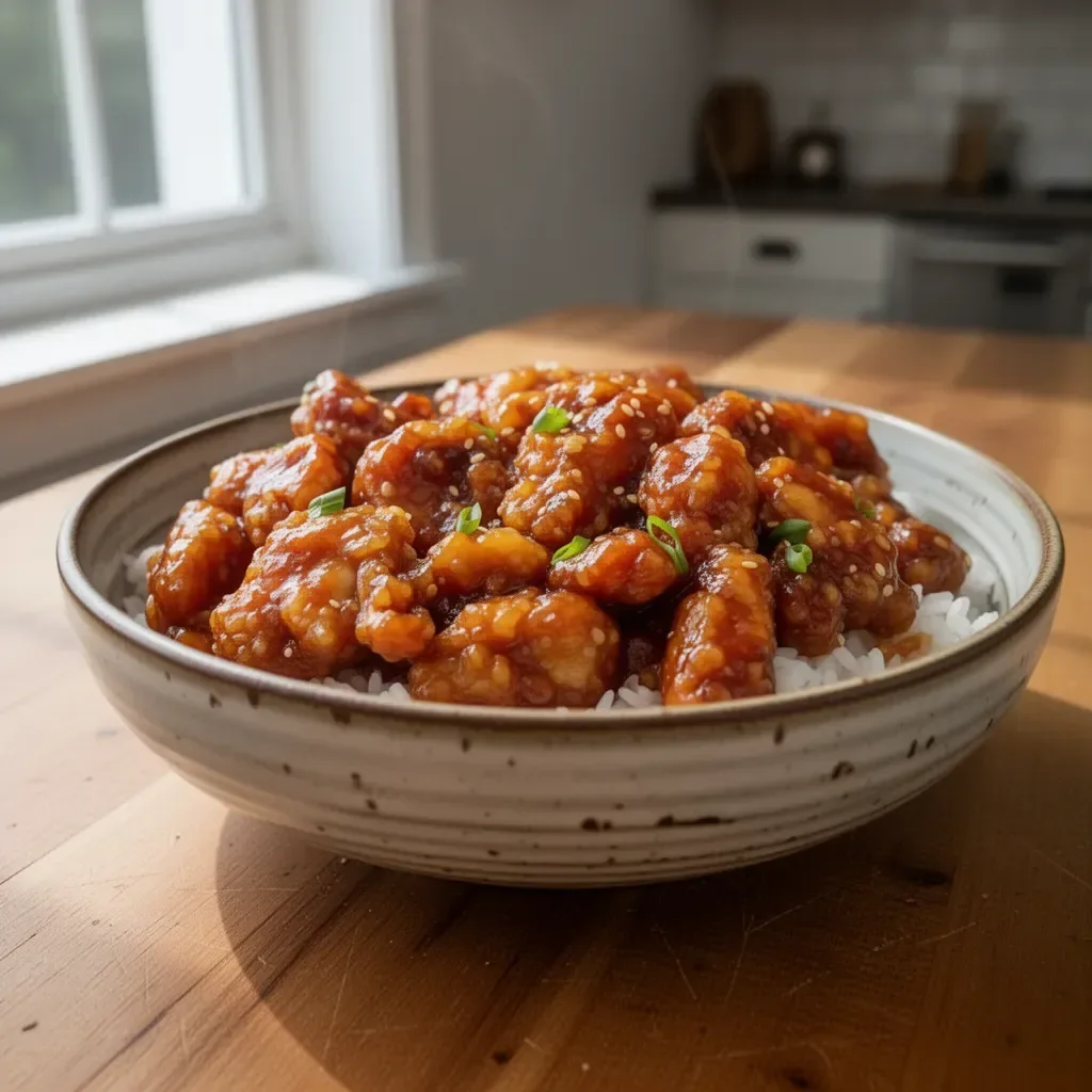 Delicious plate of General Tso's Chicken with crispy chicken and vibrant sauce