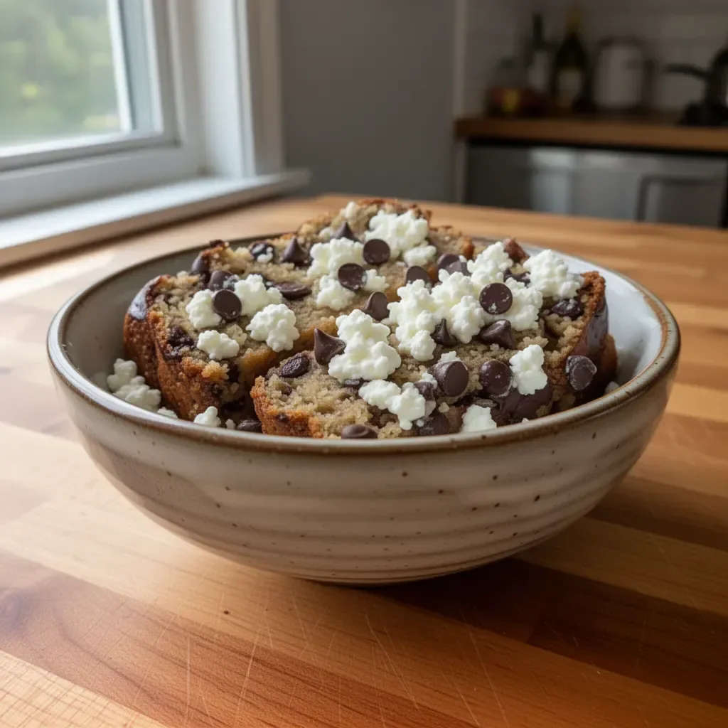 Gluten-free banana bread with cottage cheese and chocolate chips in a loaf pan.
