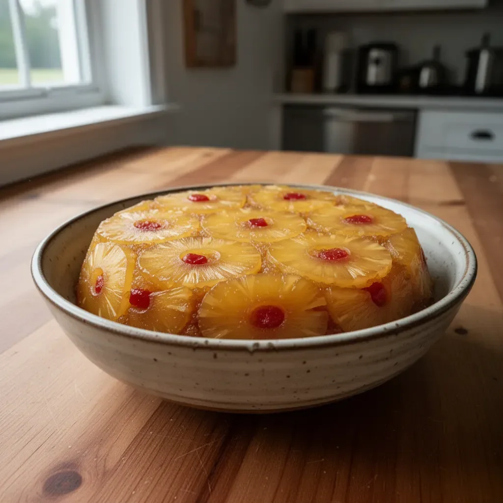 Delicious slice of Grandma's Pineapple Upside Down Cake topped with cherries