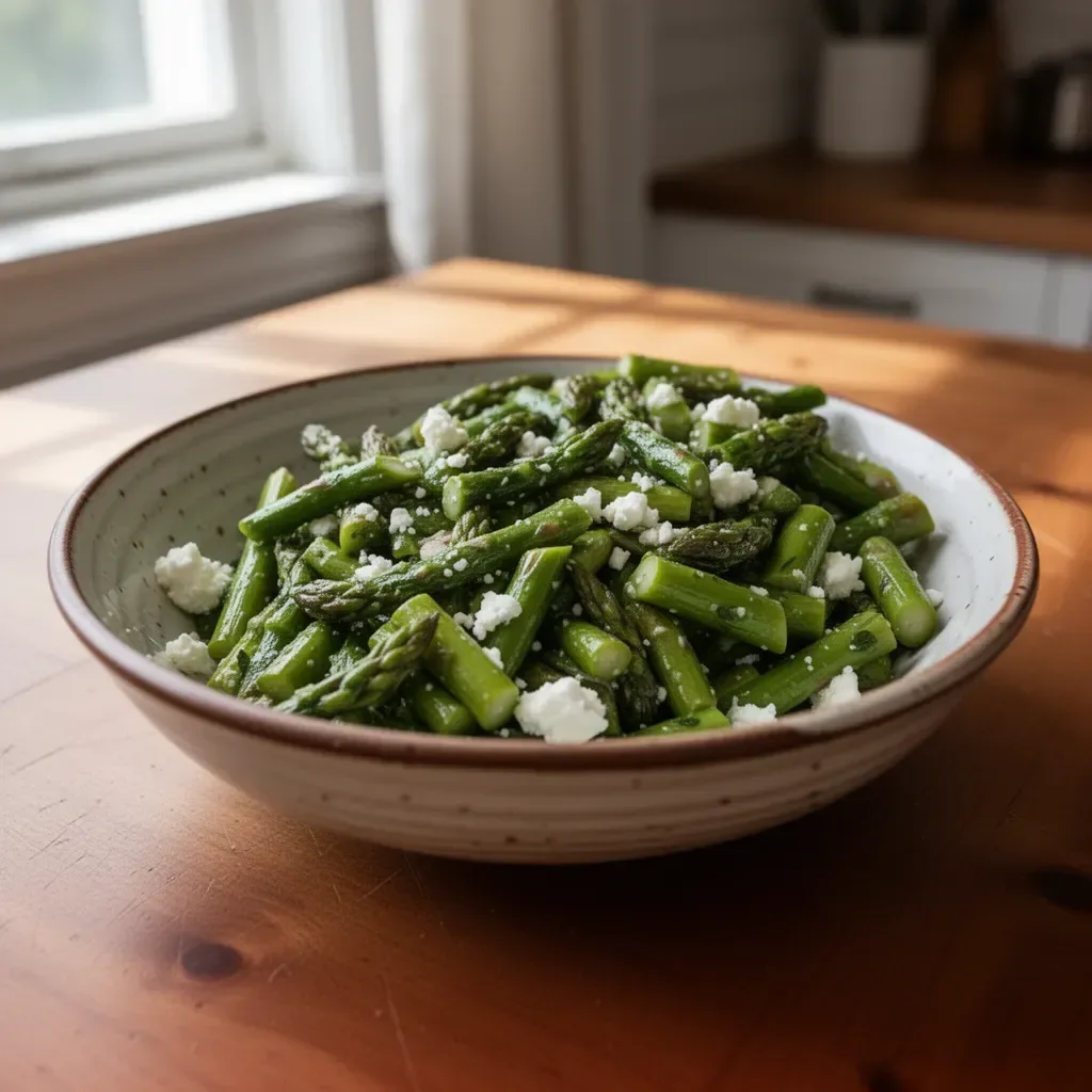 Freshly prepared Greek Asparagus Salad with vibrant vegetables and herbs.