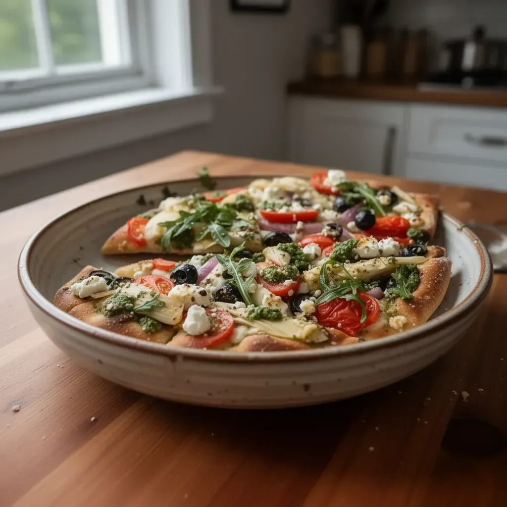 Greek Flatbread Pizza topped with fresh vegetables and feta cheese