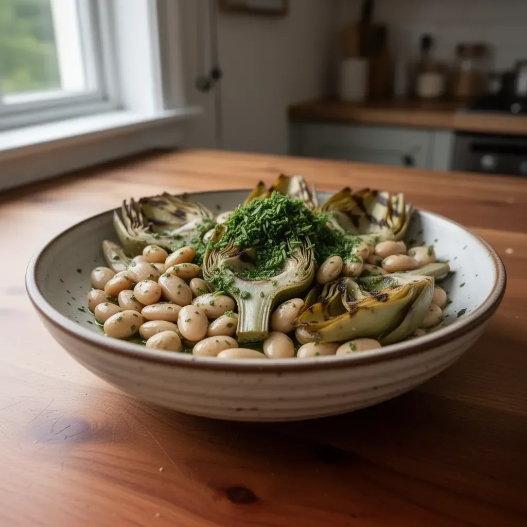 Grilled Artichoke Salad with butter beans and gremolata dressing served in a bowl
