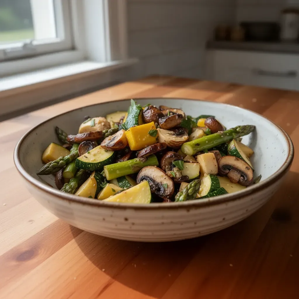 Plate of grilled vegetables including asparagus, zucchini, and squash