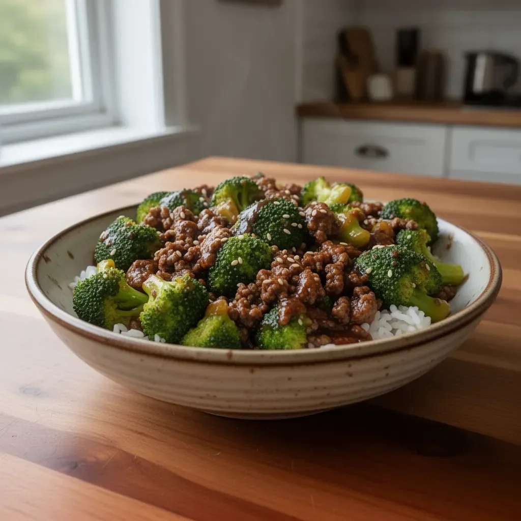 Ground Beef and Broccoli dish served in a bowl with vegetables