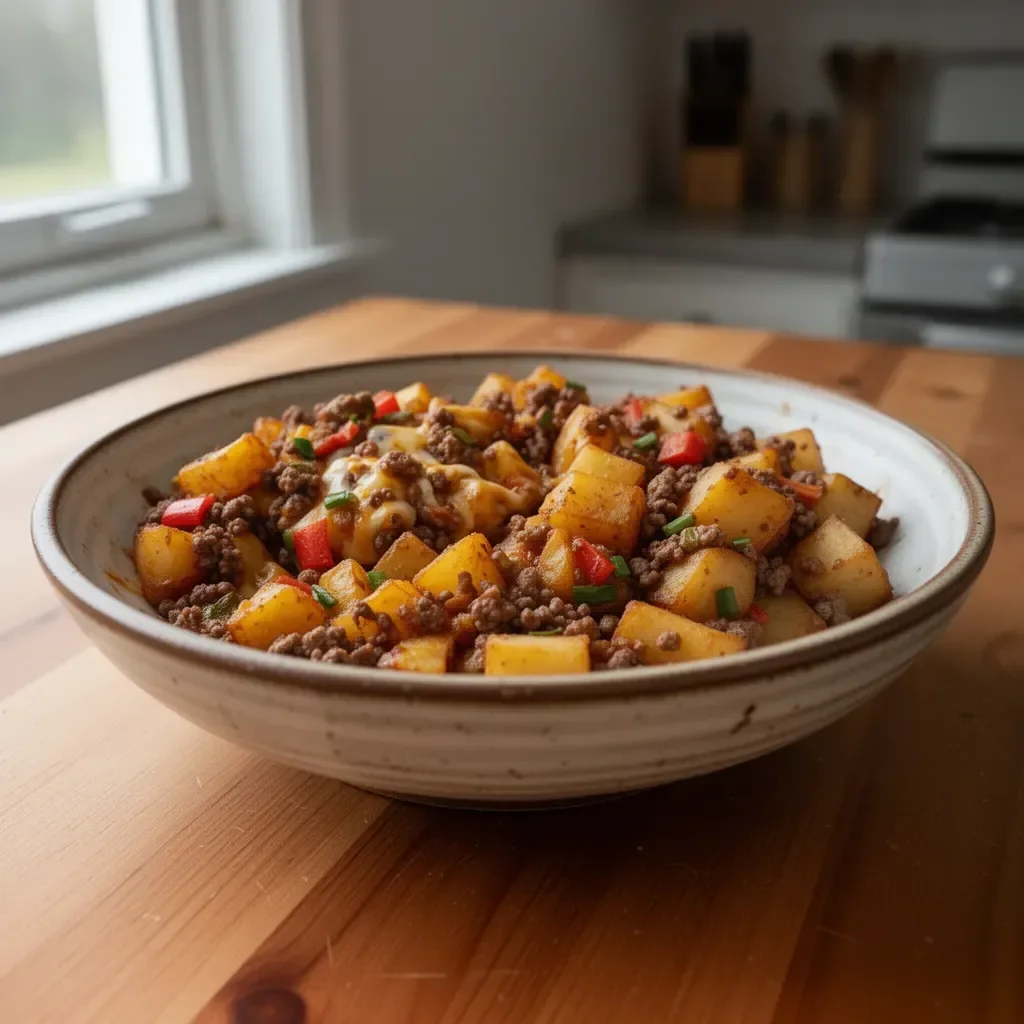 Delicious Ground Beef Potato Hash served in a bowl with herbs and spices.