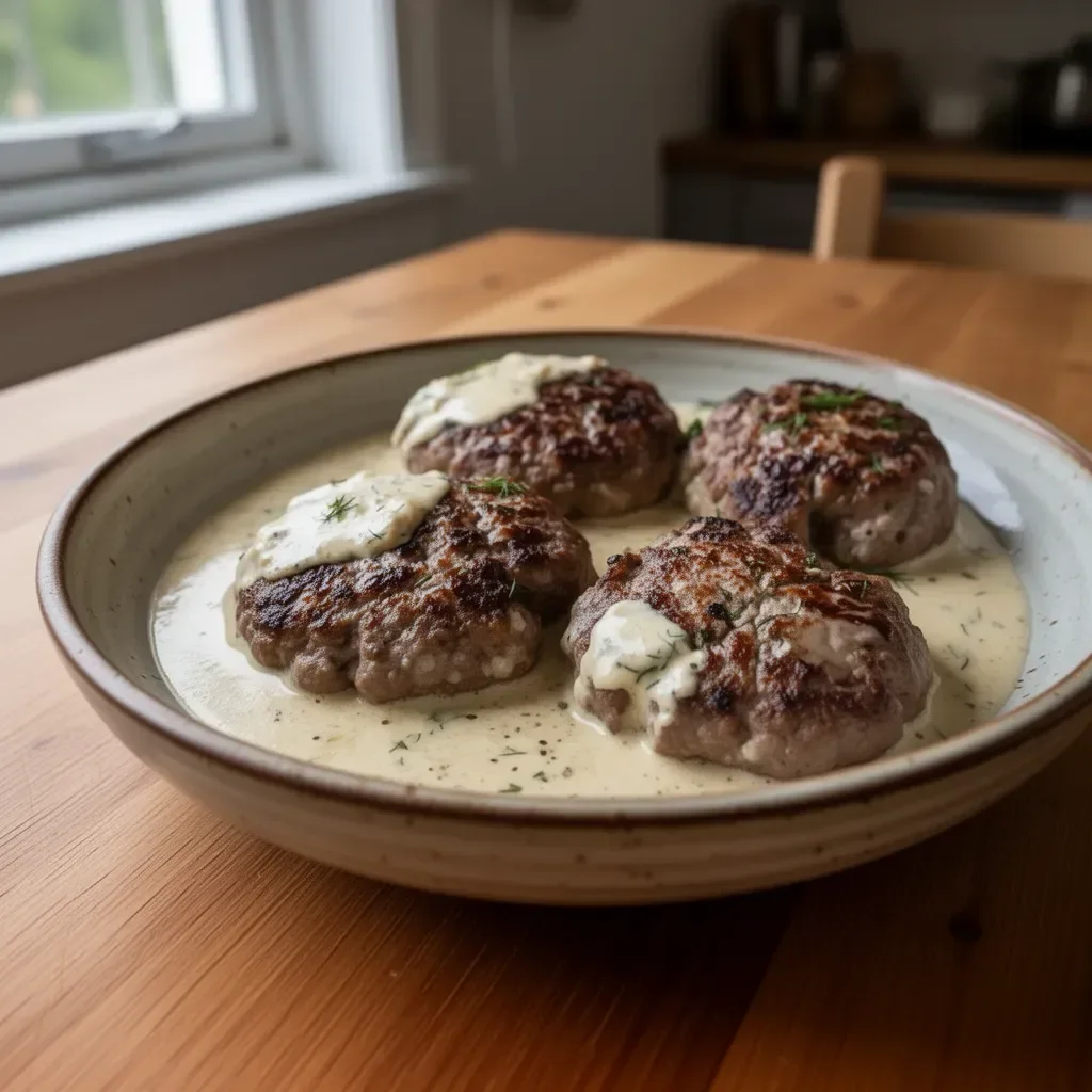 Delicious hamburger steaks served in creamy dill sauce on a plate