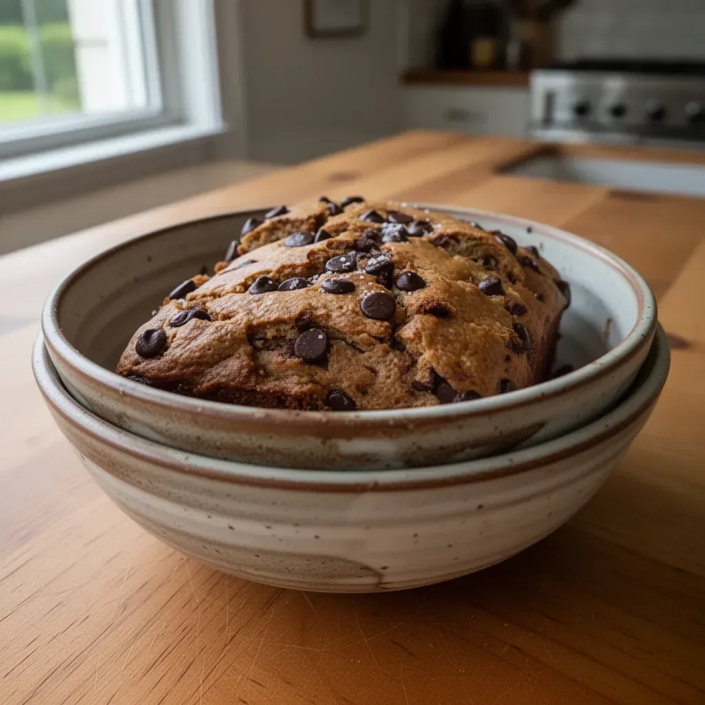 A slice of healthier chocolate chip banana bread on a wooden table