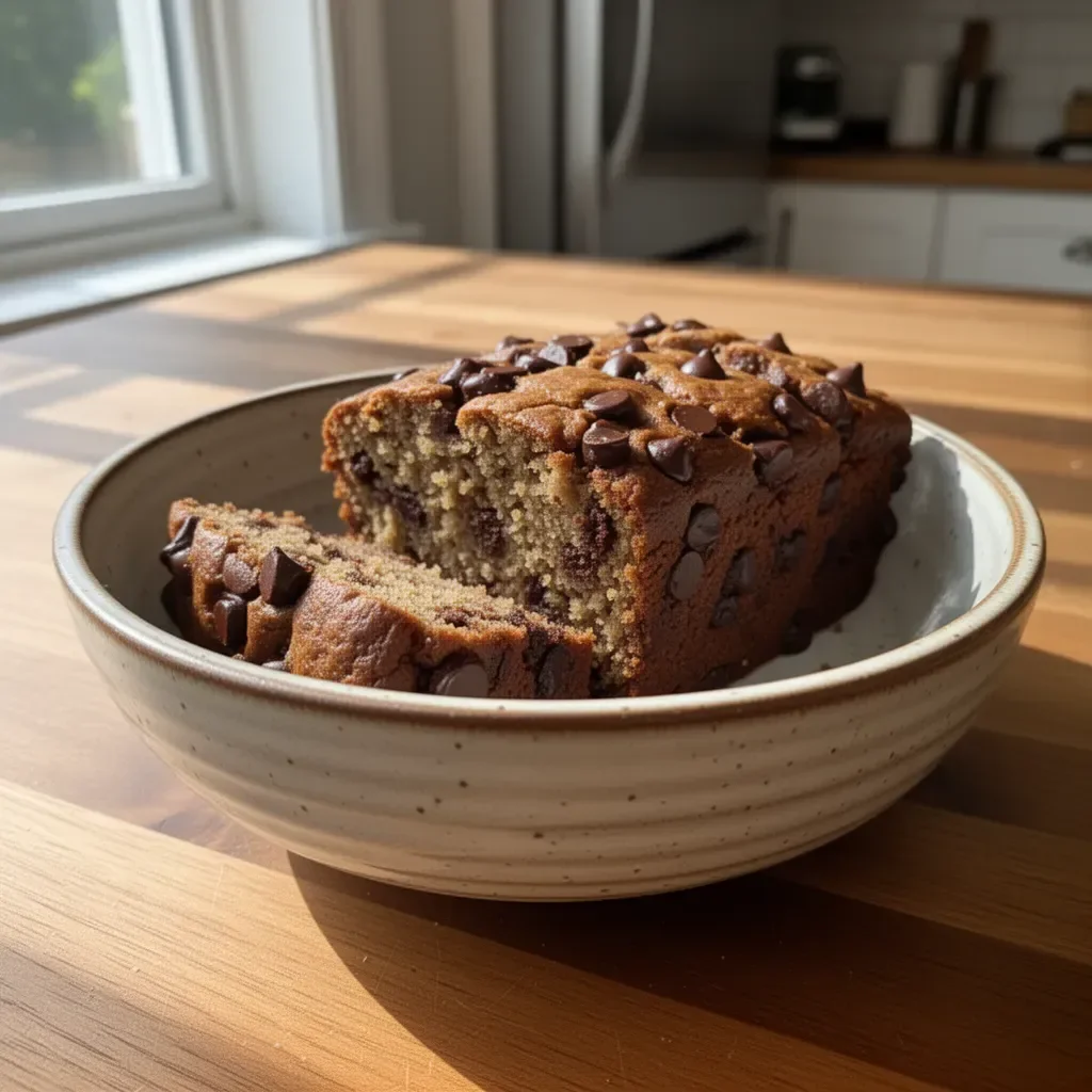 Delicious healthier chocolate chip banana bread loaf with chocolate chips