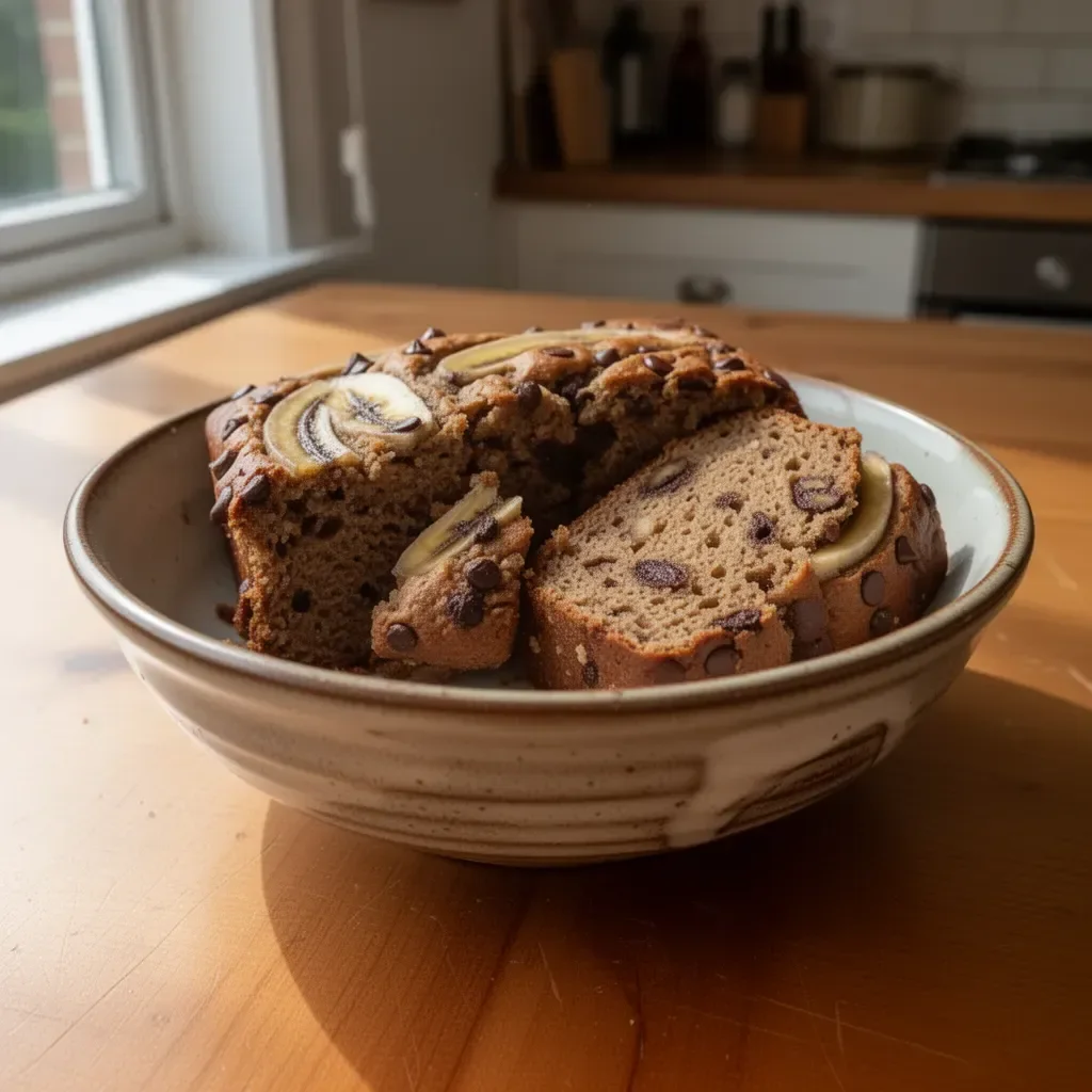 Slices of healthy banana bread on a wooden board