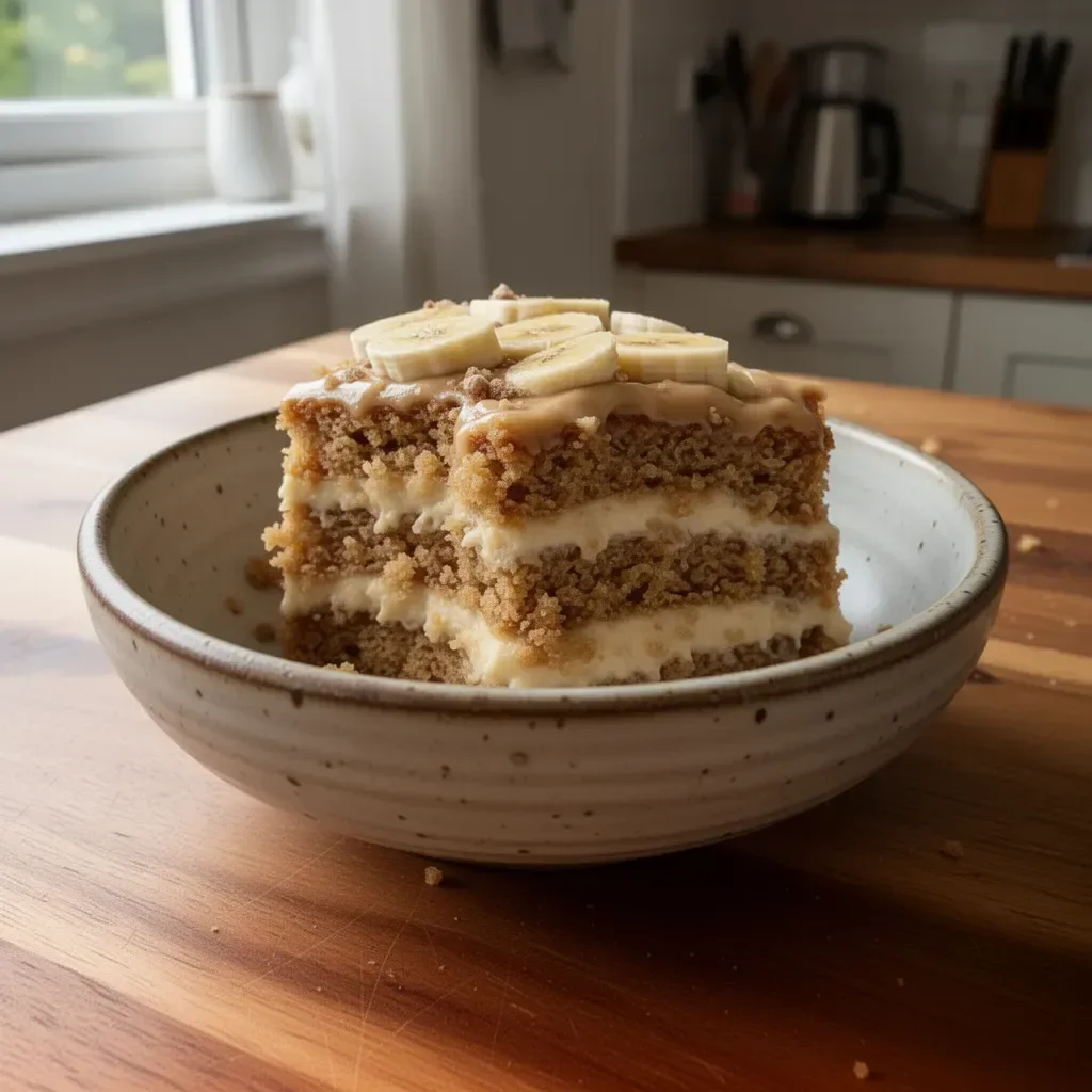 Delicious healthy banana cake topped with nuts and banana slices