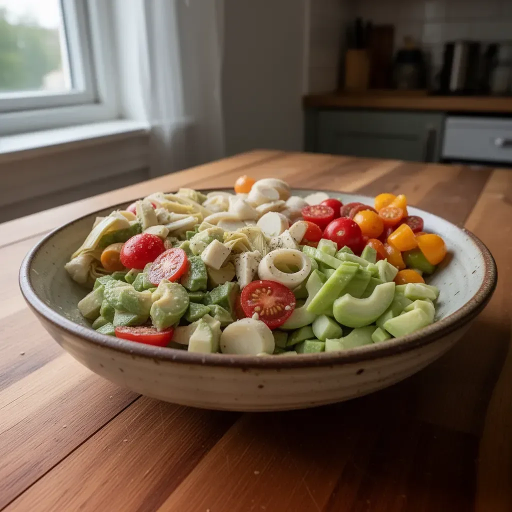 A vibrant Hearts of Palm Salad featuring artichoke hearts and fresh greens.