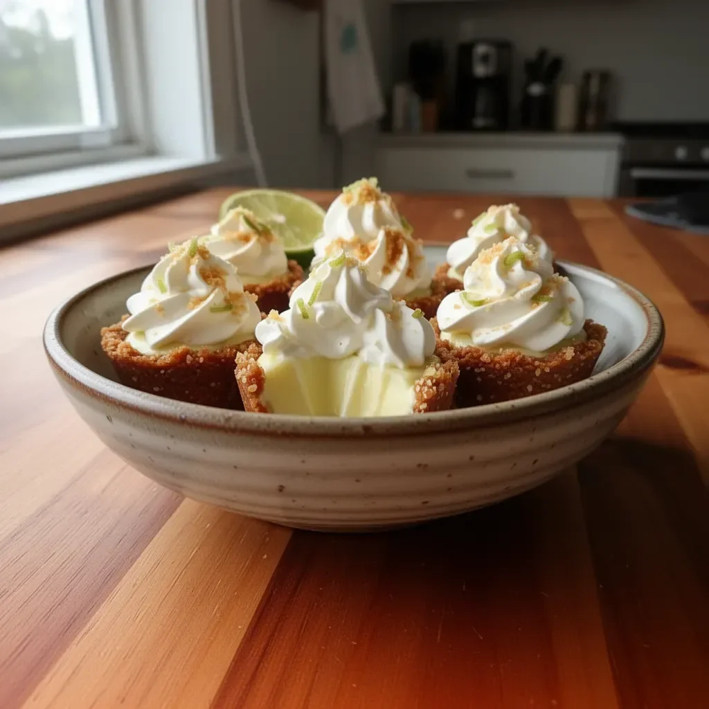 Delicious no-bake mini key lime pies garnished with lime slices and whipped cream.