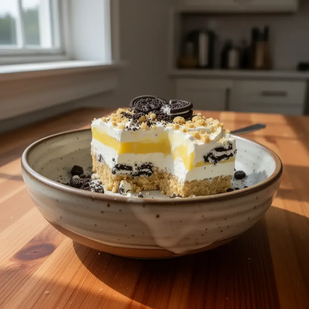 Heavenly Oreo Lemon Dessert with a creamy lemon filling and crushed Oreo crust