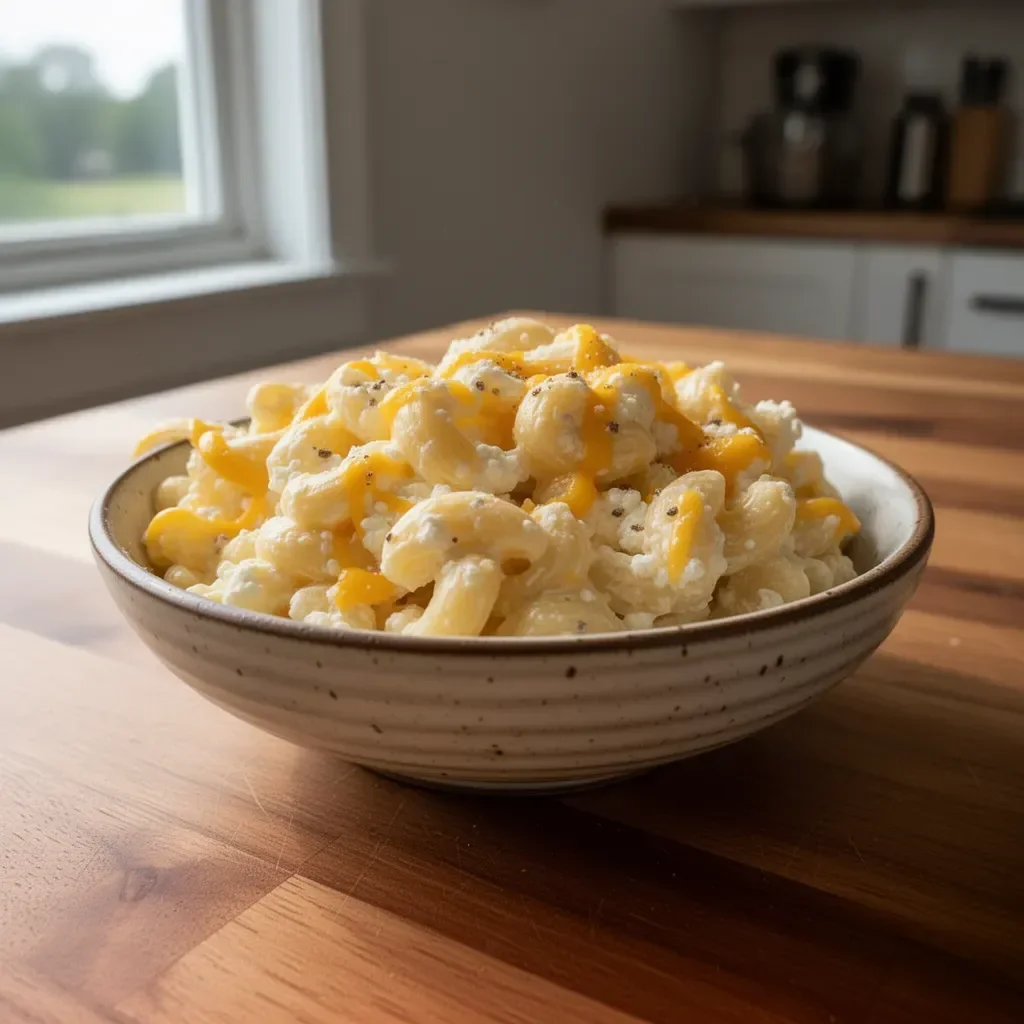 Delicious high protein cottage cheese mac and cheese served in a bowl